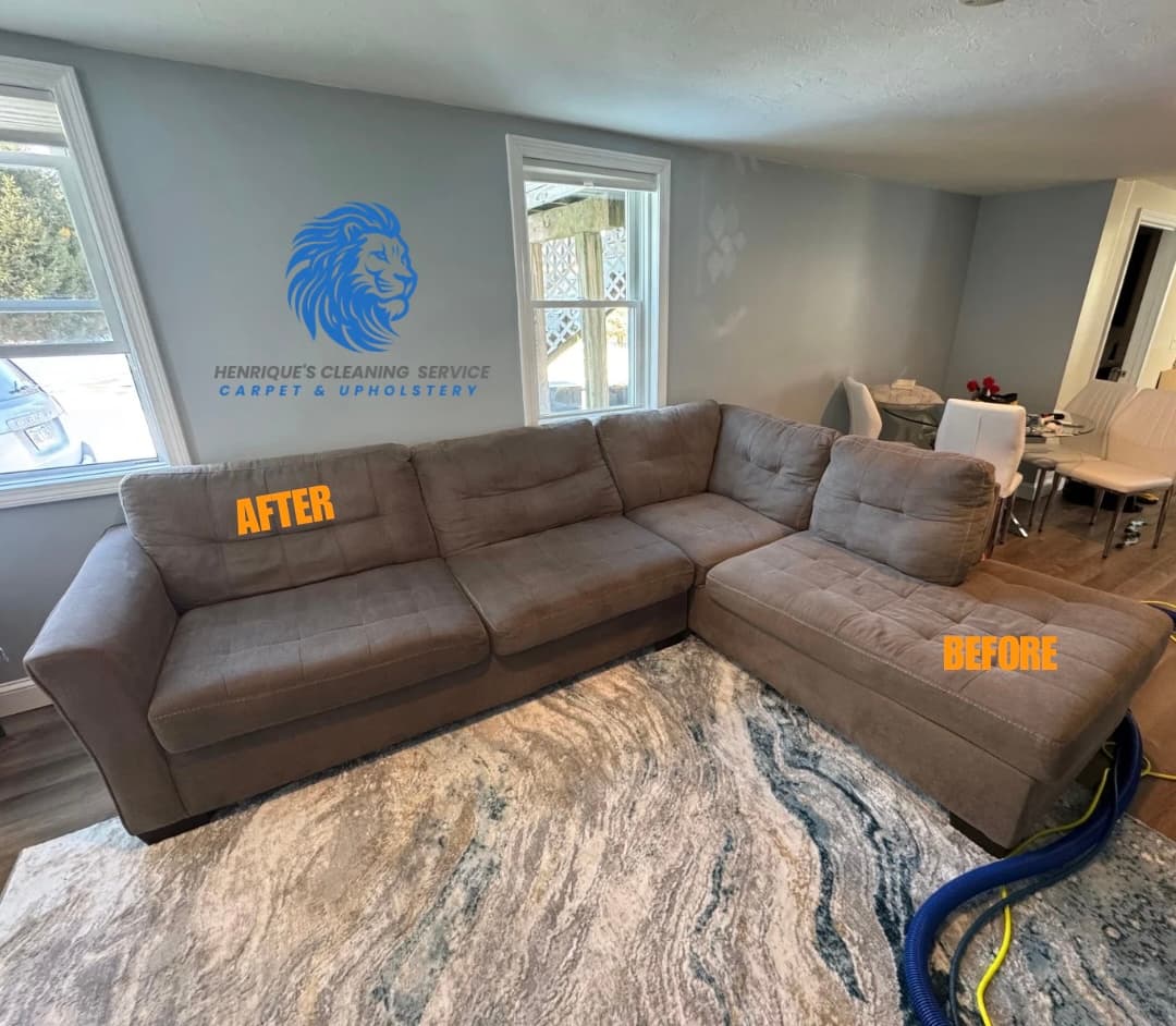 Before and after: a sectional sofa and area rug deep-cleaned by Henrique's Cleaning Service